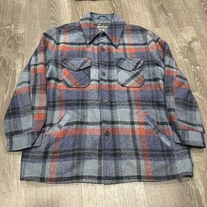 VTG 70s Sears Sportswear Button Plaid Flannel Shirt Wool Linen Lumberjack COAT